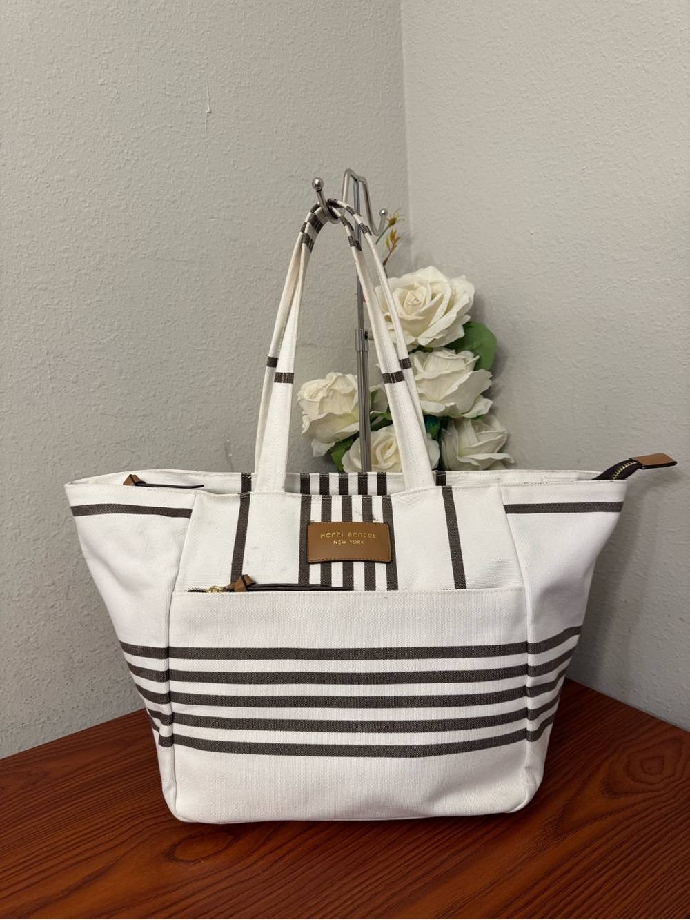henri bendel White and Brown Striped Canvas Tote with Front Pocket